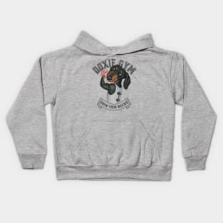 Cute Doxie Dog going to Doxie Gym in Gray trim Kids Hoodie